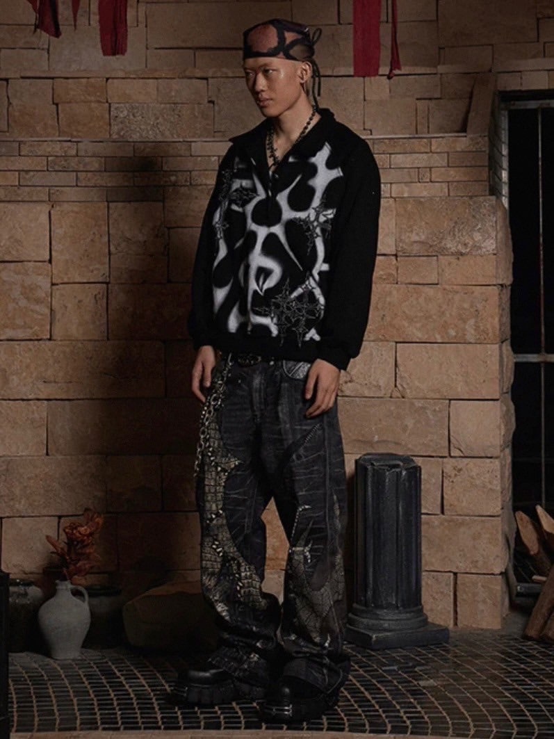 【DND4DES】LEATHER CROSS SPLICING PRINTED JEANS