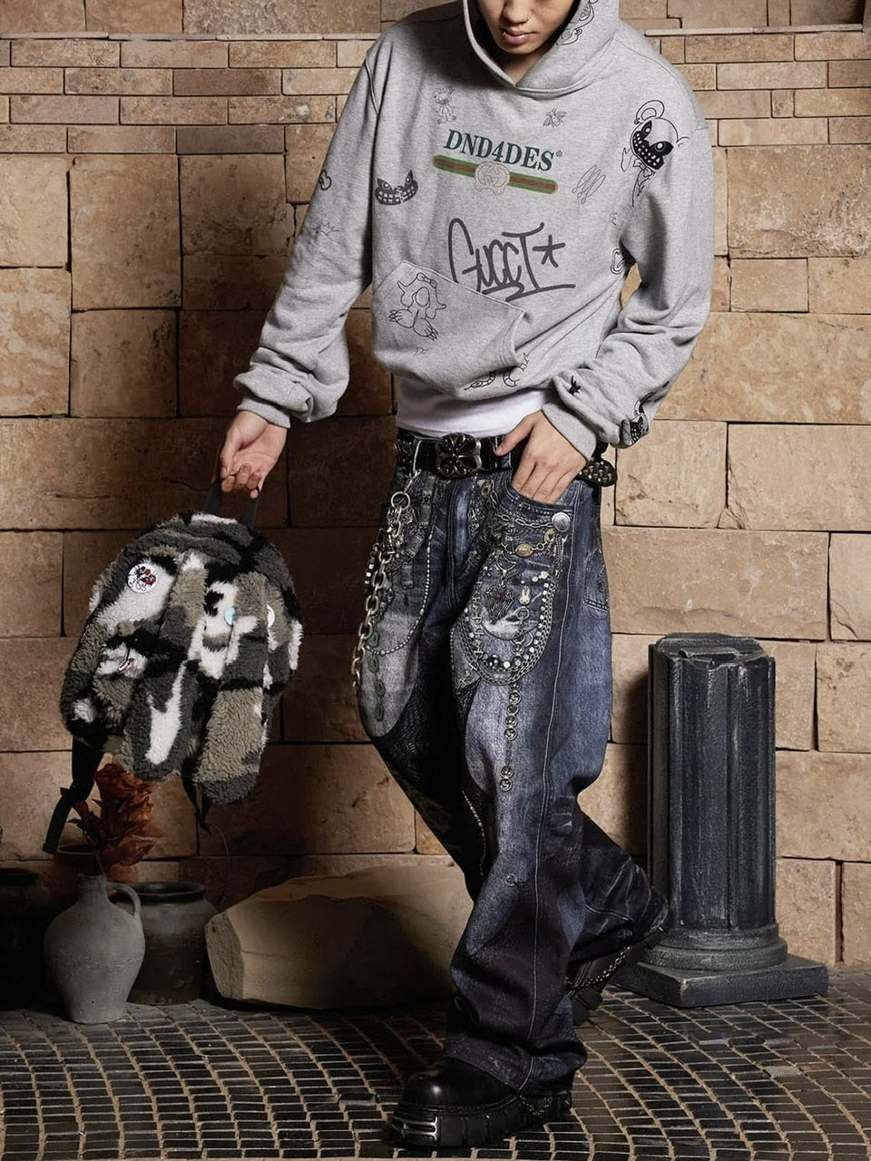 【DND4DES】CHAIN LACE PATCHWORK FLARED JEANS