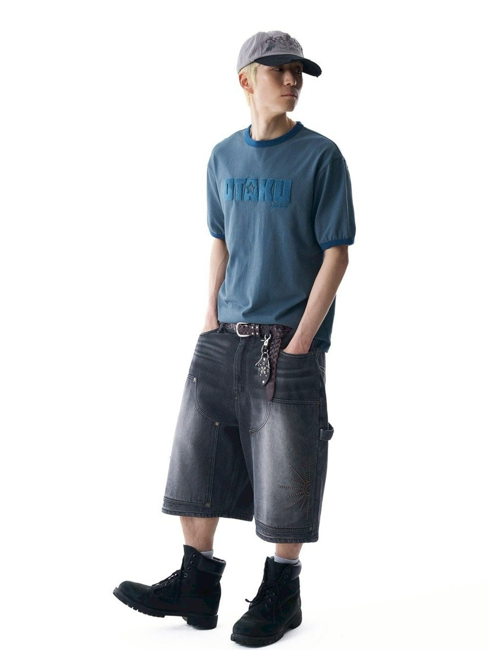 【AAKAM】Washed Double Knee Bermuda Denim Pants