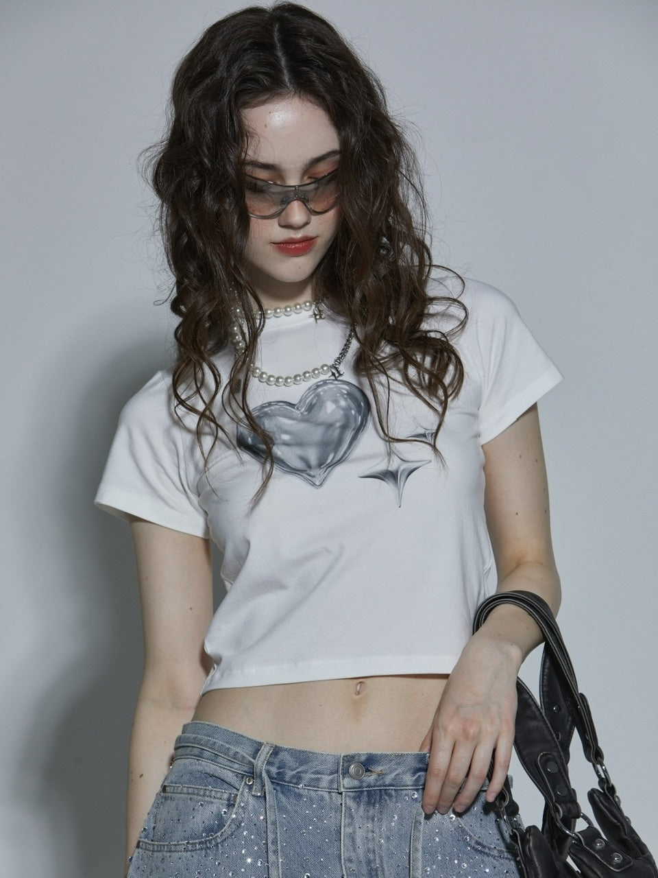 【GATELESS】HEART GRAPHIC PRINT CROPPED T-SHIRT / 【ゲートレス】ハートグラフィックプリントクロップド半袖Tシャツ