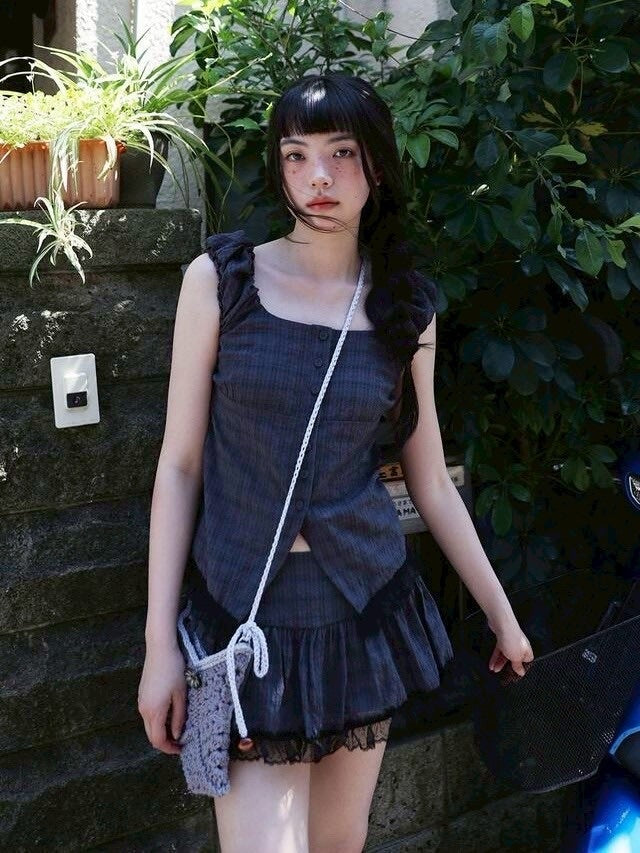 【Uglyshadow】CHECK SHIRRING BLOUSE / 【アグリーシャドウ】チェックシャーリングノースリーブブラウス