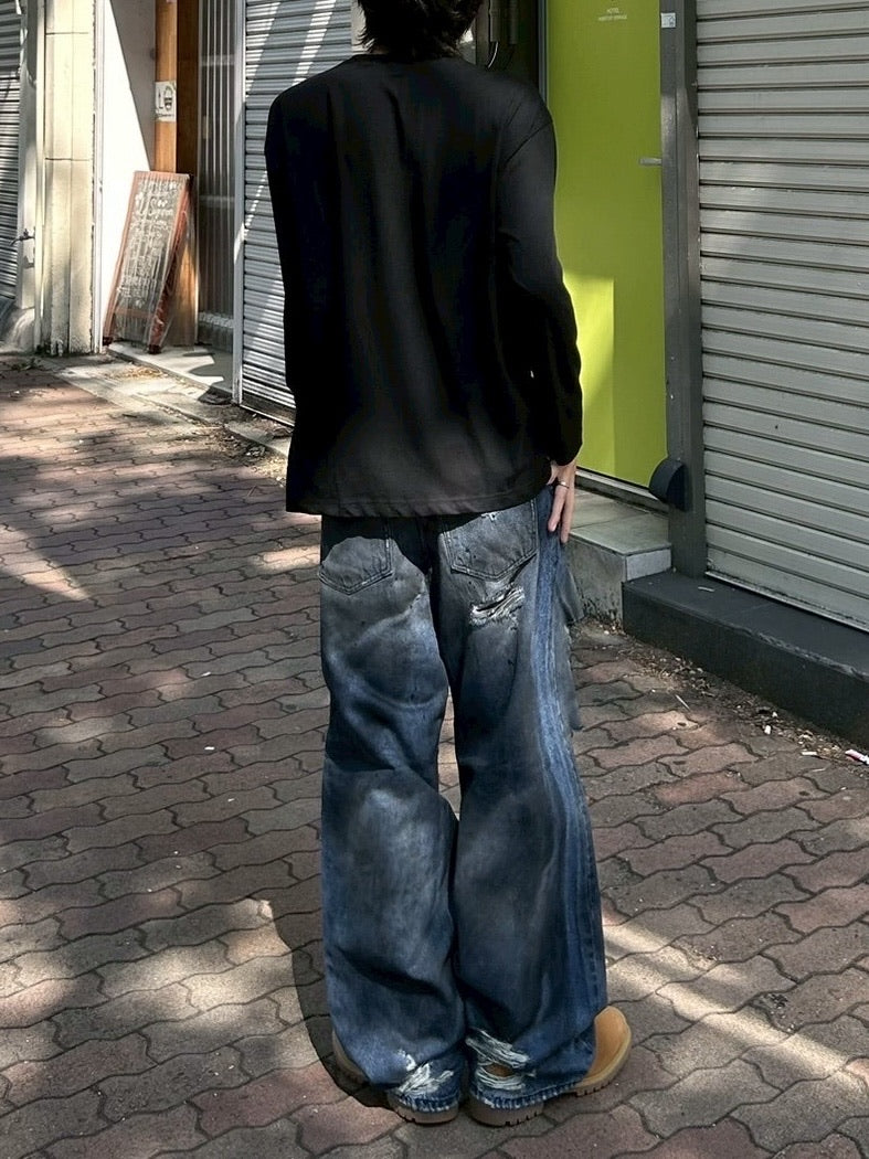 受注制【Chikashitsu +】oiled wash destroy denim pants / 【チカシツプラス】オイルドウォッシュデストロイデニムパンツ