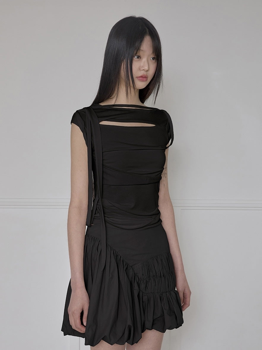 【FLAREUP】Asymmetrical Draped Strap Roll-Up T-Shirt