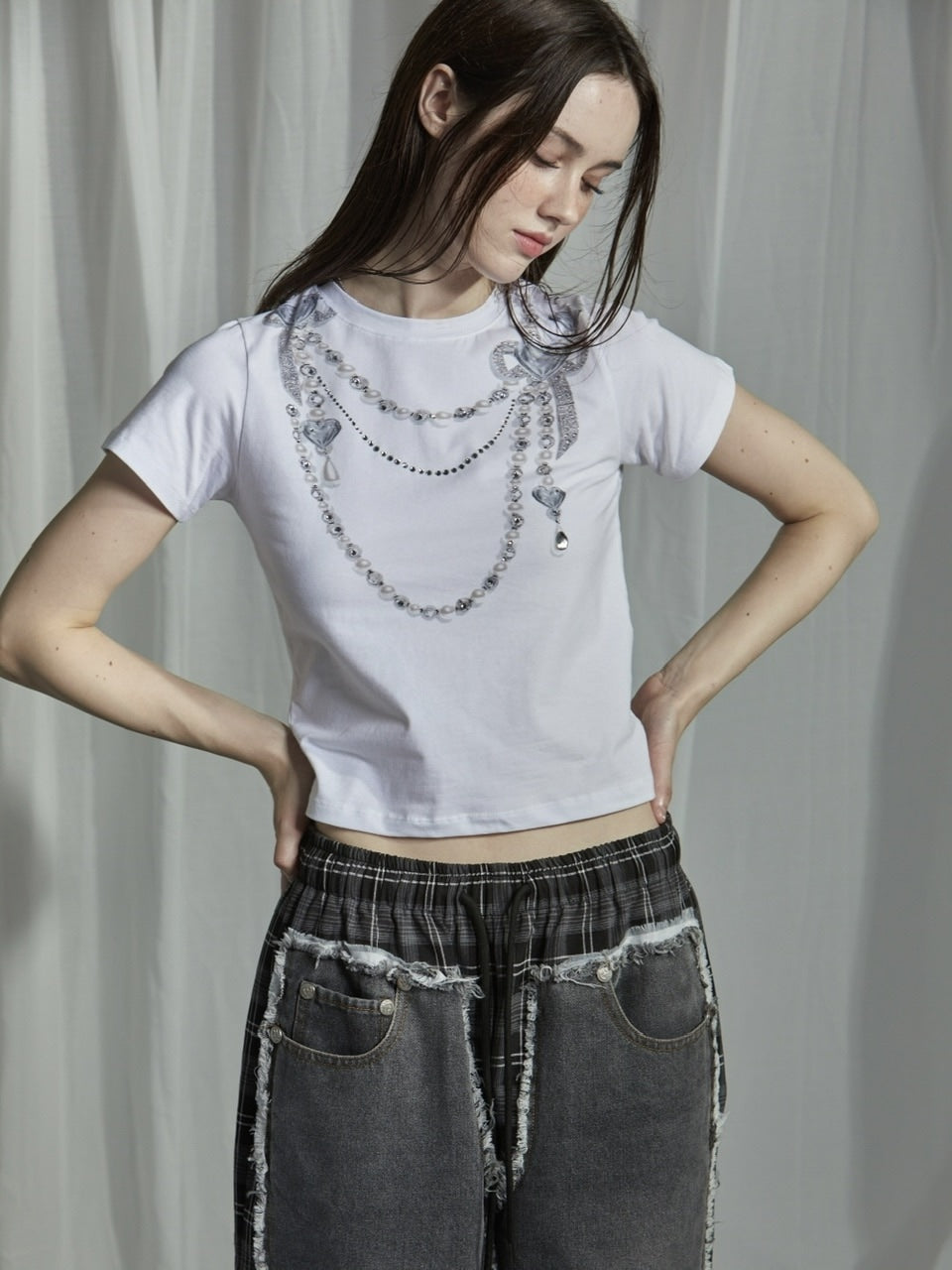 【GATELESS】NECKLACE PRINT CROPPED T-SHIRT / 【ゲートレス】ネックレスプリントクロップド半袖Tシャツ