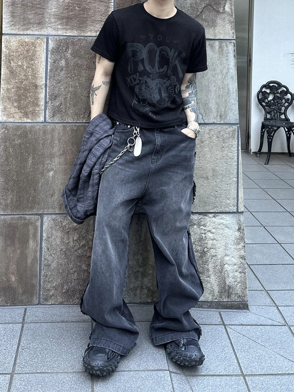 大阪店WEB限定受注制【Chikashitsu +】 fringe wide denim pants / 【チカシツプラス】フリンジワイドデニムパンツ