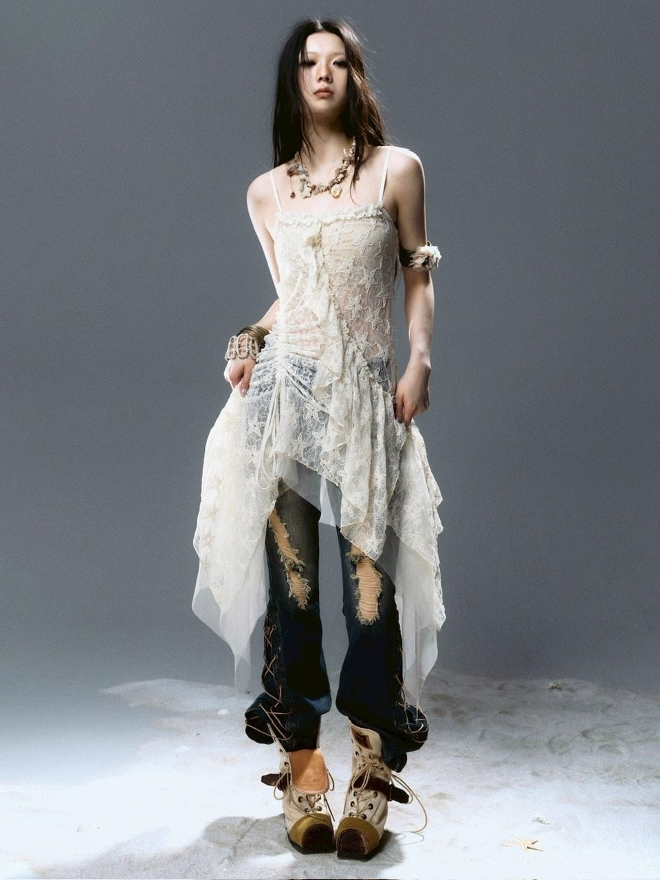 【Cest Nous】Star-Embellished Tulle dress / 【セヌー】レースフリルチュールキャミワンピース