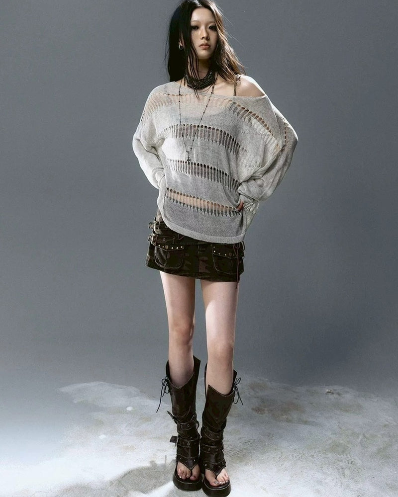 【Cest Nous】Knit Cover-Up / 【セヌー】シースルーボーダーサマーニット長袖Tシャツ