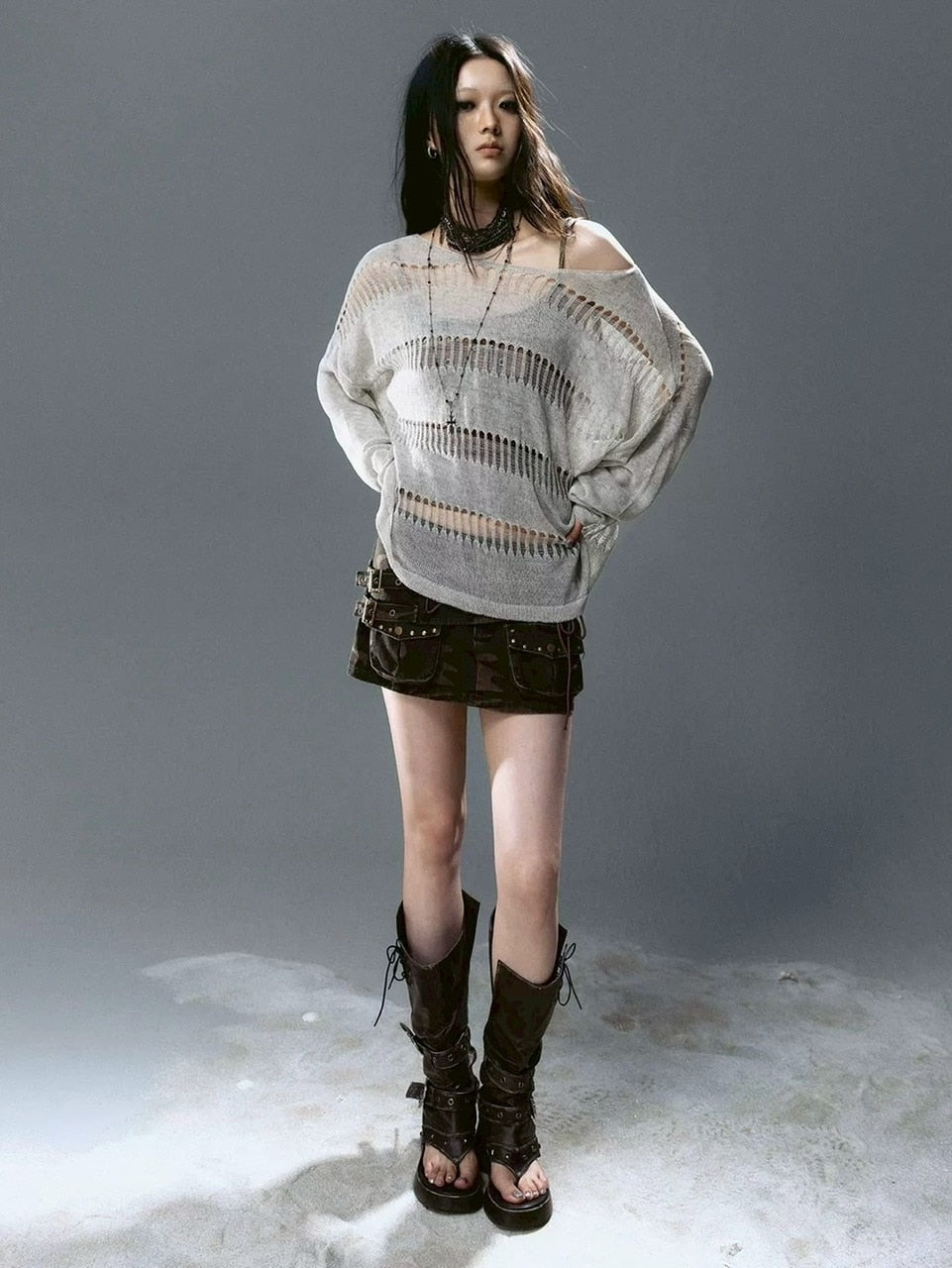 【Cest Nous】Knit Cover-Up / 【セヌー】シースルーボーダーサマーニット長袖Tシャツ