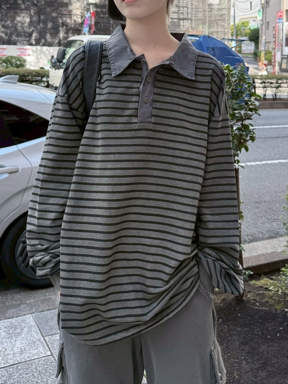 受注制【nmtc +】border long sleeve / 【エヌエムティーシープラス】襟付きボーダー長袖Tシャツ (2color)