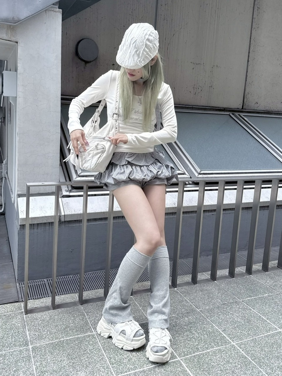 受注制【nmtc +】tie set check lace long sleeve / 【エヌエムティーシープラス】タイ付きチェックレース切り替え長袖Tシャツ (3color)