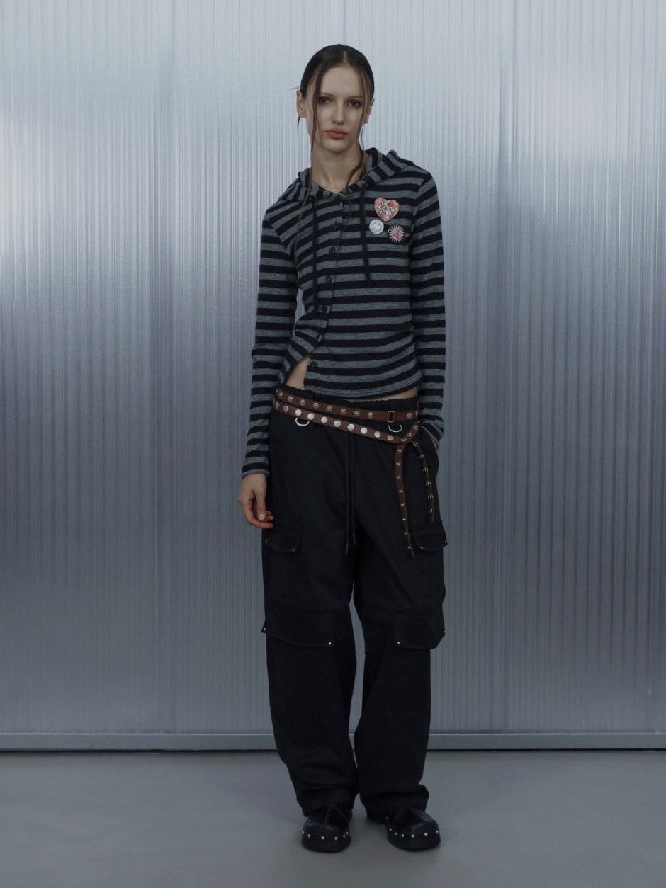 【SETUP‐EXE】BADGE STRIPE HOODED CARDIGAN / 【セットアップエグゼ】バッジストライプフードカーディガン