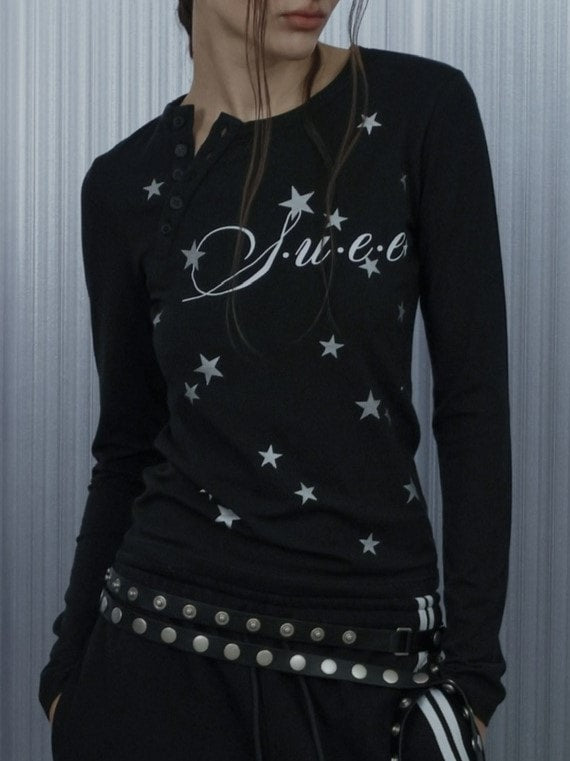 【SETUP‐EXE】STAR HENLEY NECK TOP / 【セットアップエグゼ】スターヘンリーネック長袖Ｔシャツ