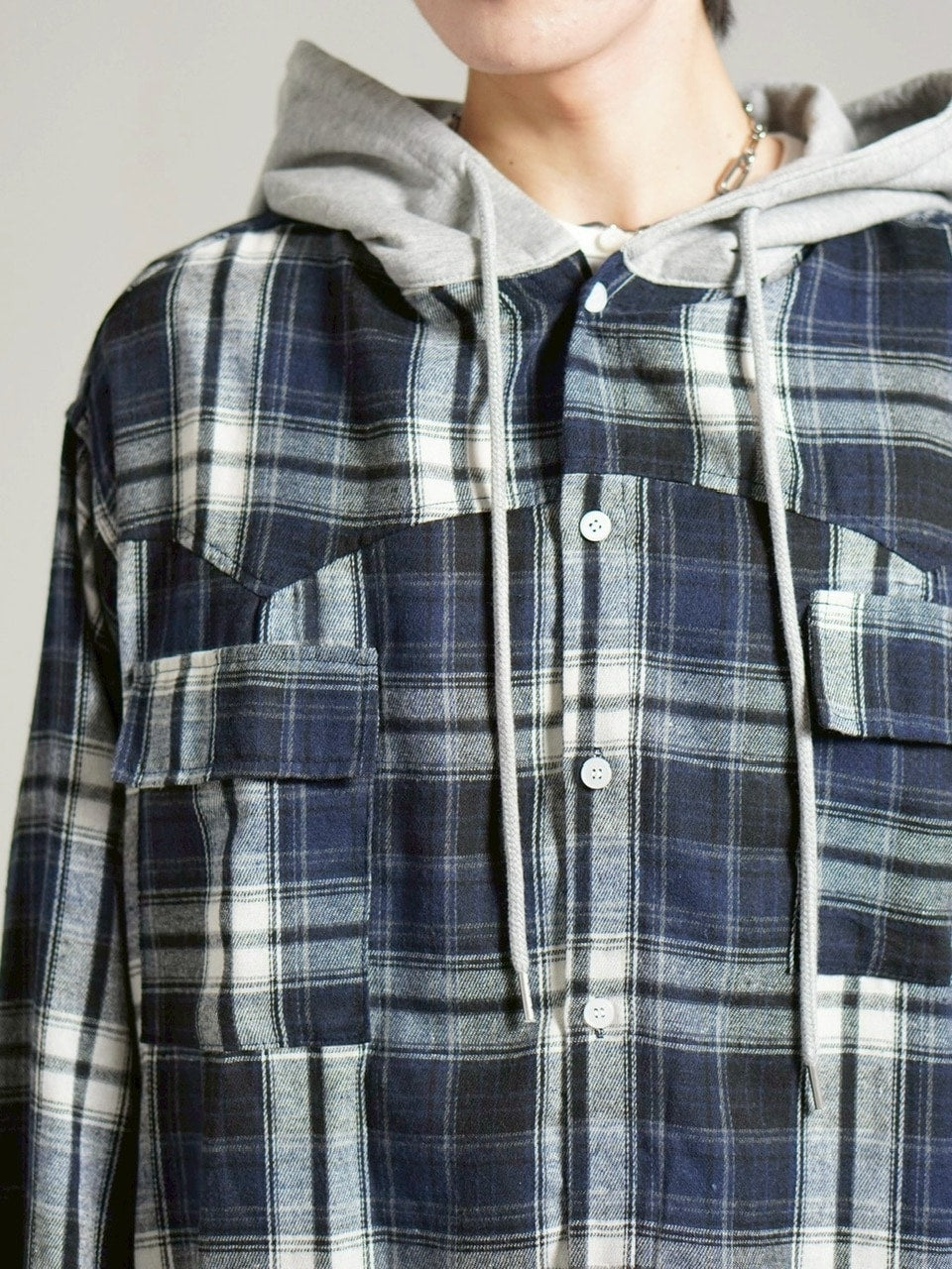 受注制【Chikashitsu +】hood mix check hoodie / 【チカシツプラス】フードミックスチェックパーカー (3color)