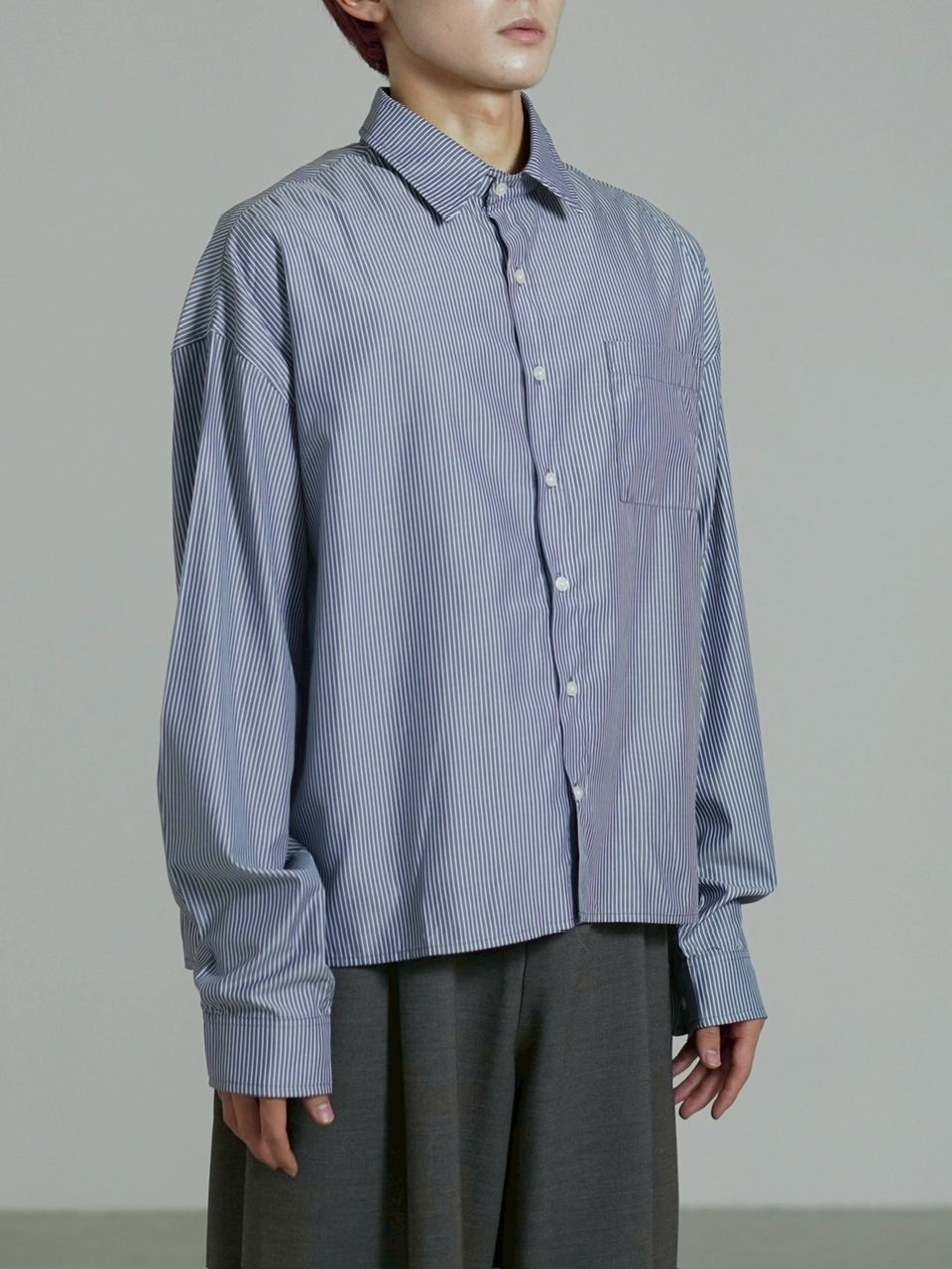 受注制【Chikashitsu +】cropped stripe shirt / 【チカシツプラス】クロップドストライプ長袖シャツ (3color)