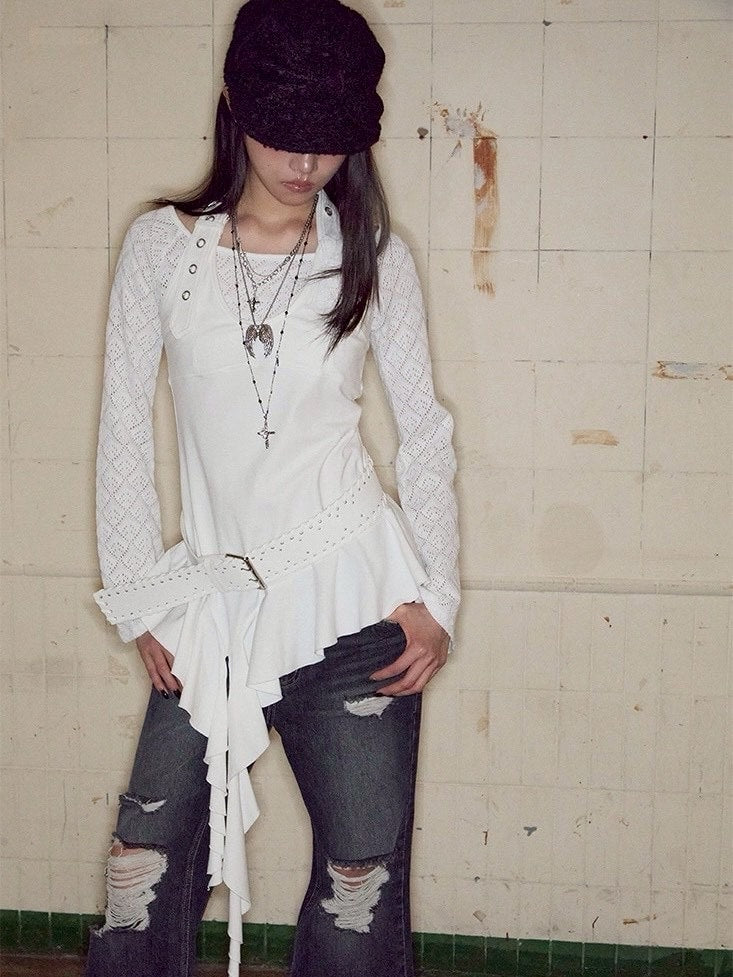 【NOT KNOWING】Belted Halter Ruffle Top / 【ノットノーイング】ベルトホルターラッフル長袖Ｔシャツ