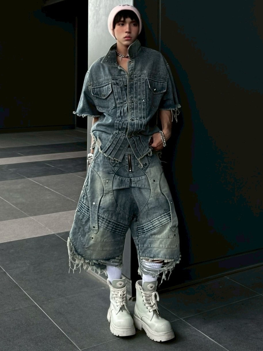 1/2 20:00再販【RICH】Knight Wide Waxed Short Pants/ 【リッチ】デザインデニムダメージハーフパンツ