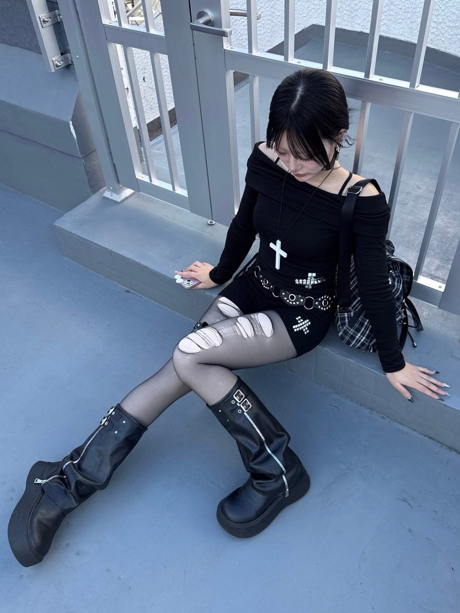 受注制【nmtc +】cross off shoulder long sleeve / 【エヌエムティーシープラス】クロスオフショルダー長袖Tシャツ (3color)