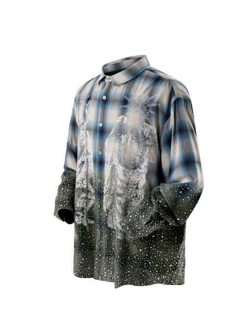 【The Boy Has No Patience】Saint Irregular Hot Diamond Plaid Shirt / 【ザボーイハズノーペーシェンス】ラインストーングラデーション長袖チェックシャツ