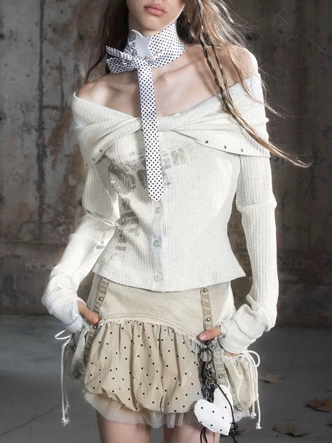 【Cest Nous】Off Shoulder Print Top / 【セヌー】オフショルダープリント長袖トップス