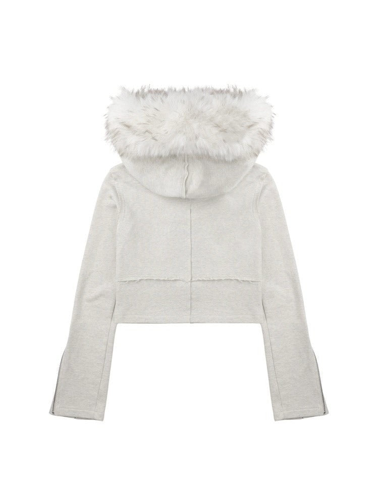 【bonienkiye】Distressed Seam Fur Hood Zip-Up