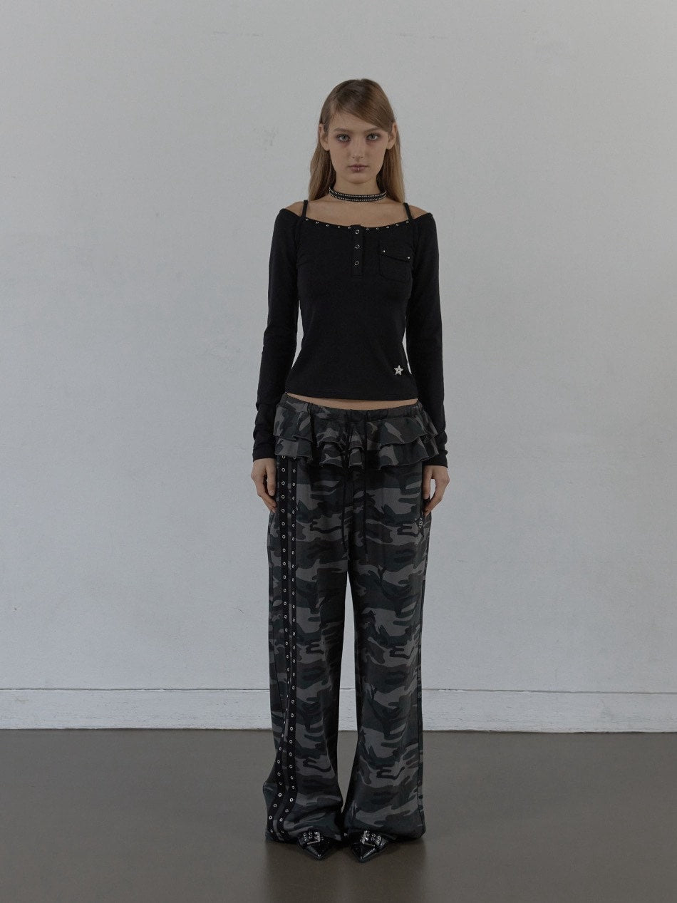 【SETUP‐EXE】FRILL EYELET SWEATPANTS / 【セットアップエグゼ】フリルアイレットサイドラインスウェットパンツ