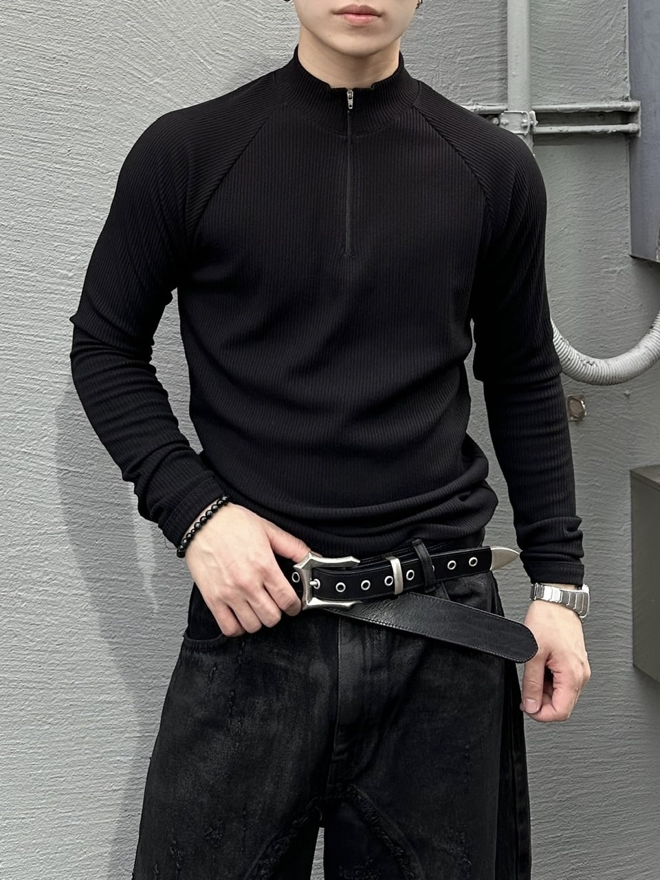 大阪店WEB限定受注制【Chikashitsu＋】mockneck zip long sleeve / 【チカシツプラス】モックネックジップ長袖Tシャツ (3color)
