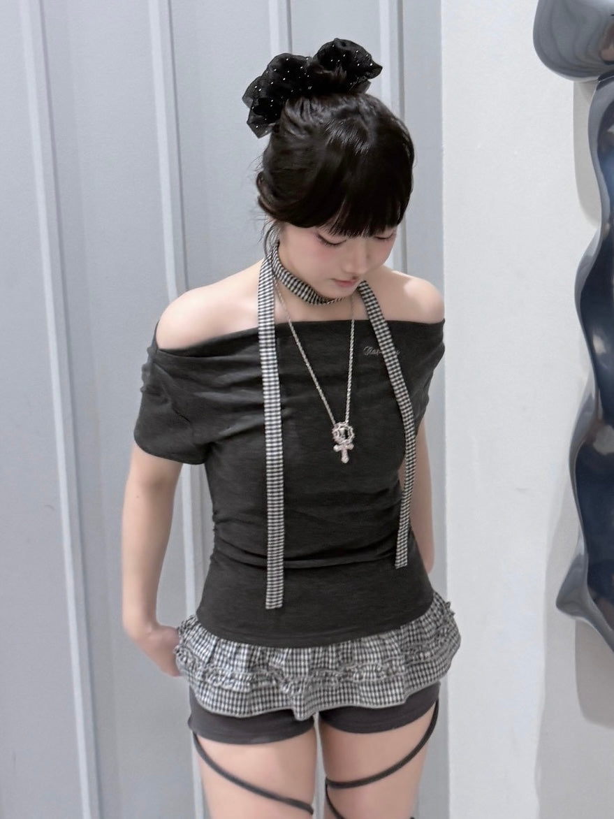 受注制【nmtc+】Check Frill Layered Tee Scarf Set (2color)
