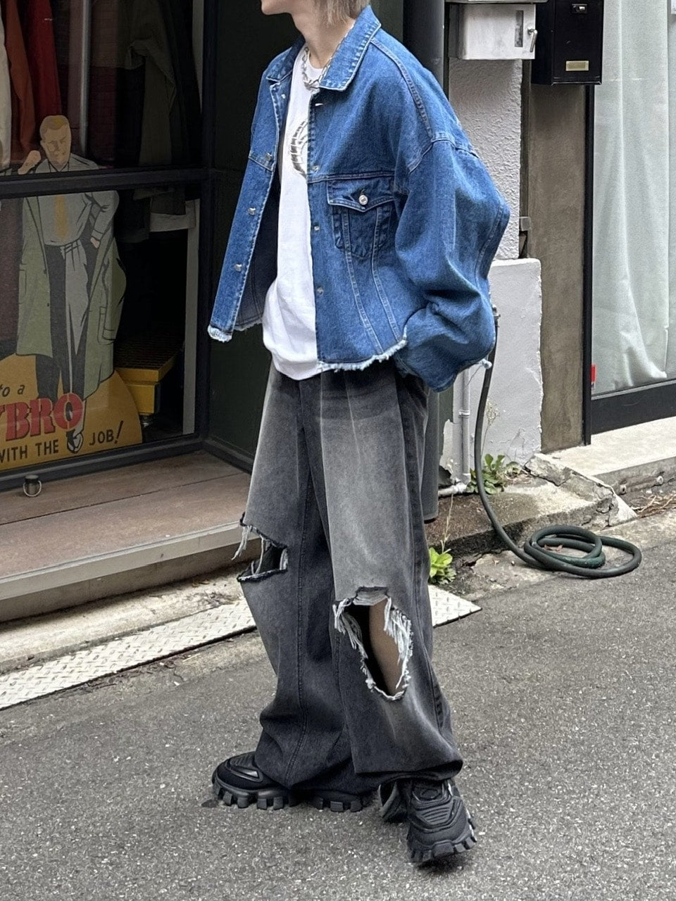 大阪店WEB限定受注制【Chikashitsu +】cutting cropped denim jacket