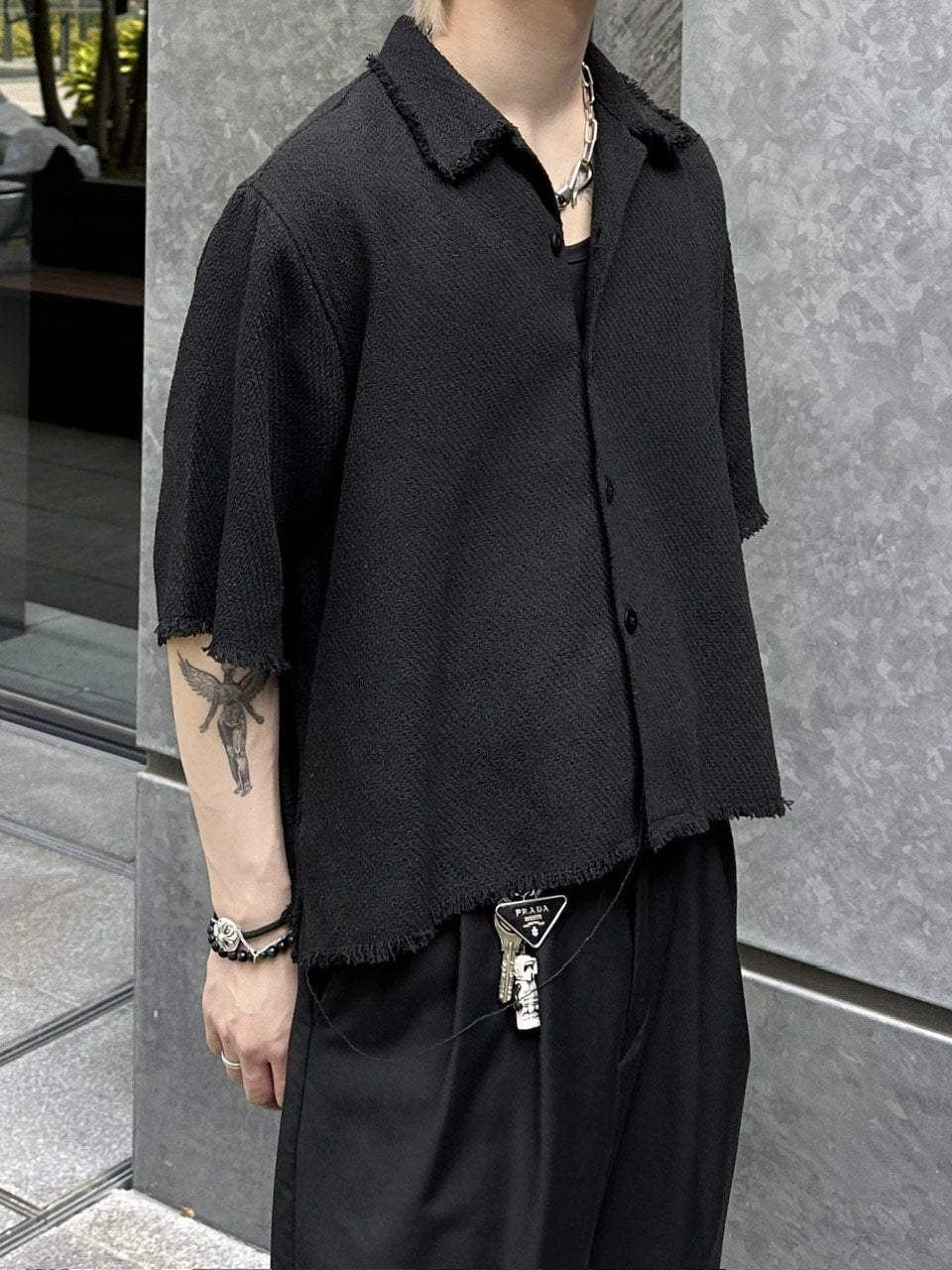 大阪店WEB限定受注制【Chikashitsu +】tweed cropped shirt (2color)