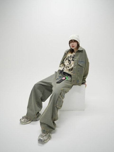 受注制【Never mind the XU】set up washed denim jacket (2color)