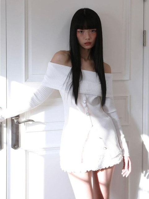 【Uglyshadow】BEAD KNIT OFF-SHOULDER / 【アグリーシャドウ】ビーズロングオフショルダー長袖カーディガン