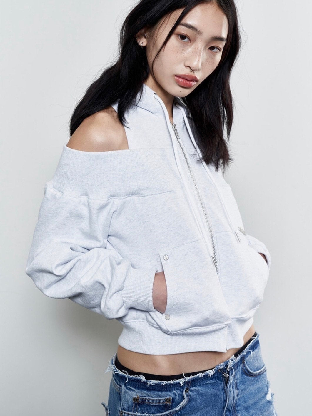 【NOT KNOWING】Open Shoulder Zip Up Hoodie / 【ノットノーイング】オープンショルダージップアップパーカー