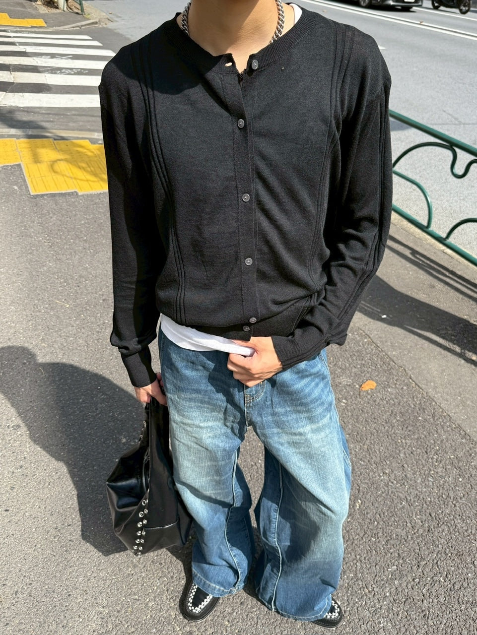 【Chikashitsu +】side wave design denim pants