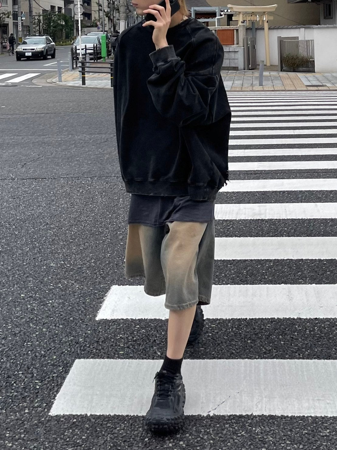 受注制【Chikashitsu +】vintage wash denim half pants