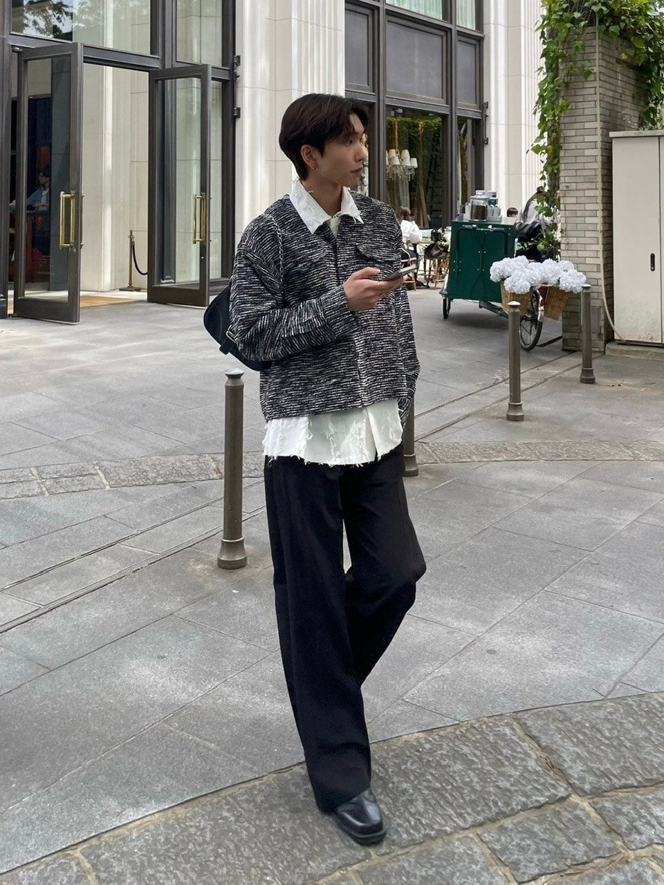 受注制【Chikashitsu +】no collar light tweed shirt (2color)