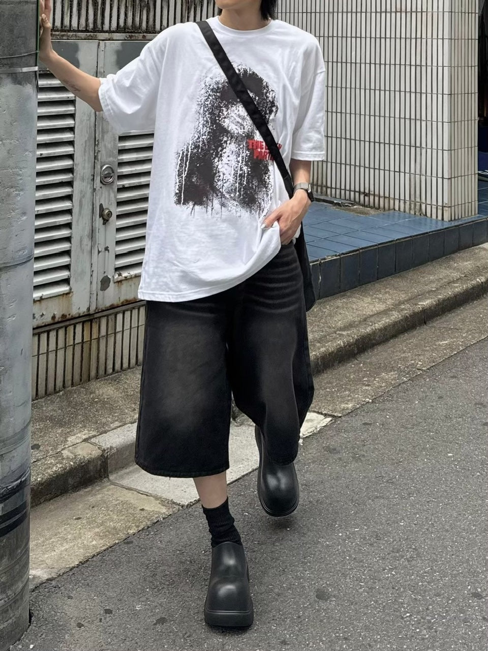 【Chikashitsu +】vintage wash wide denim half pants (2color)