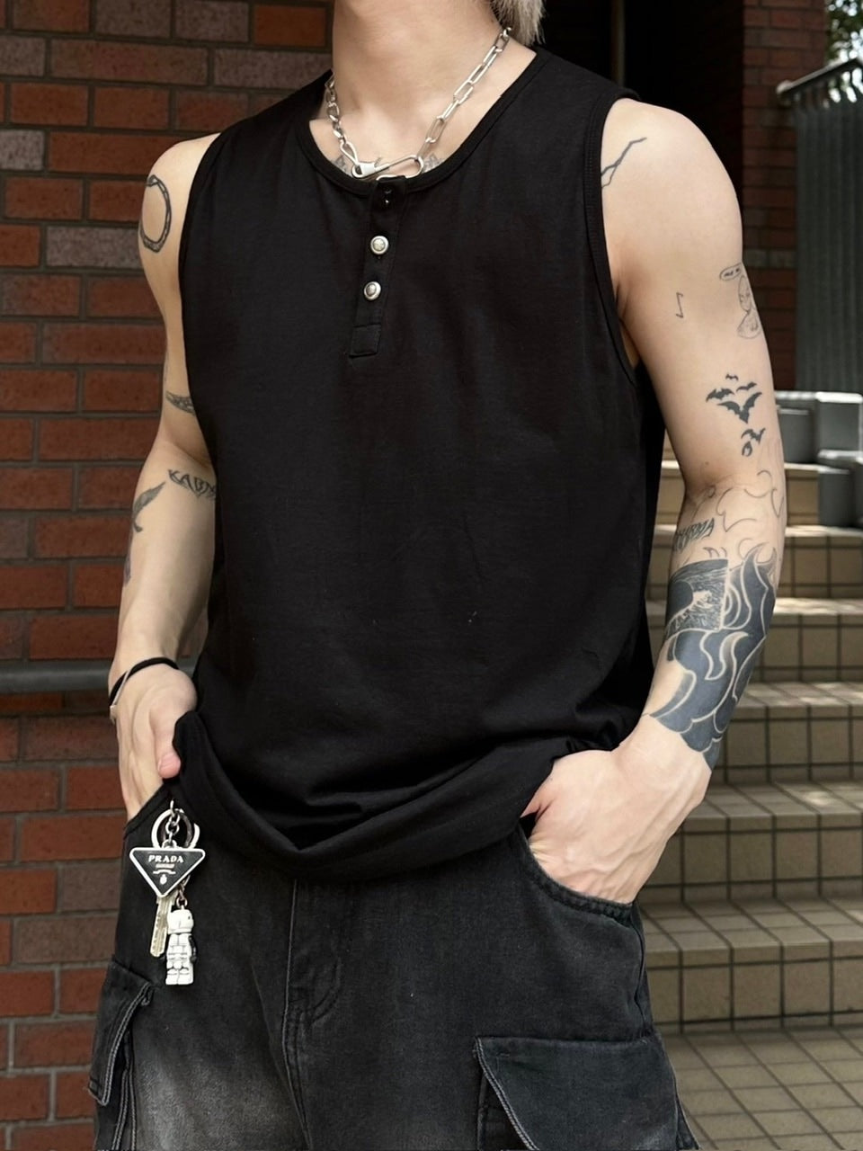 【Chikashitsu +】henry neck sleeveless (3color) / 【チカシツプラス】ヘンリーネックタンクトップ