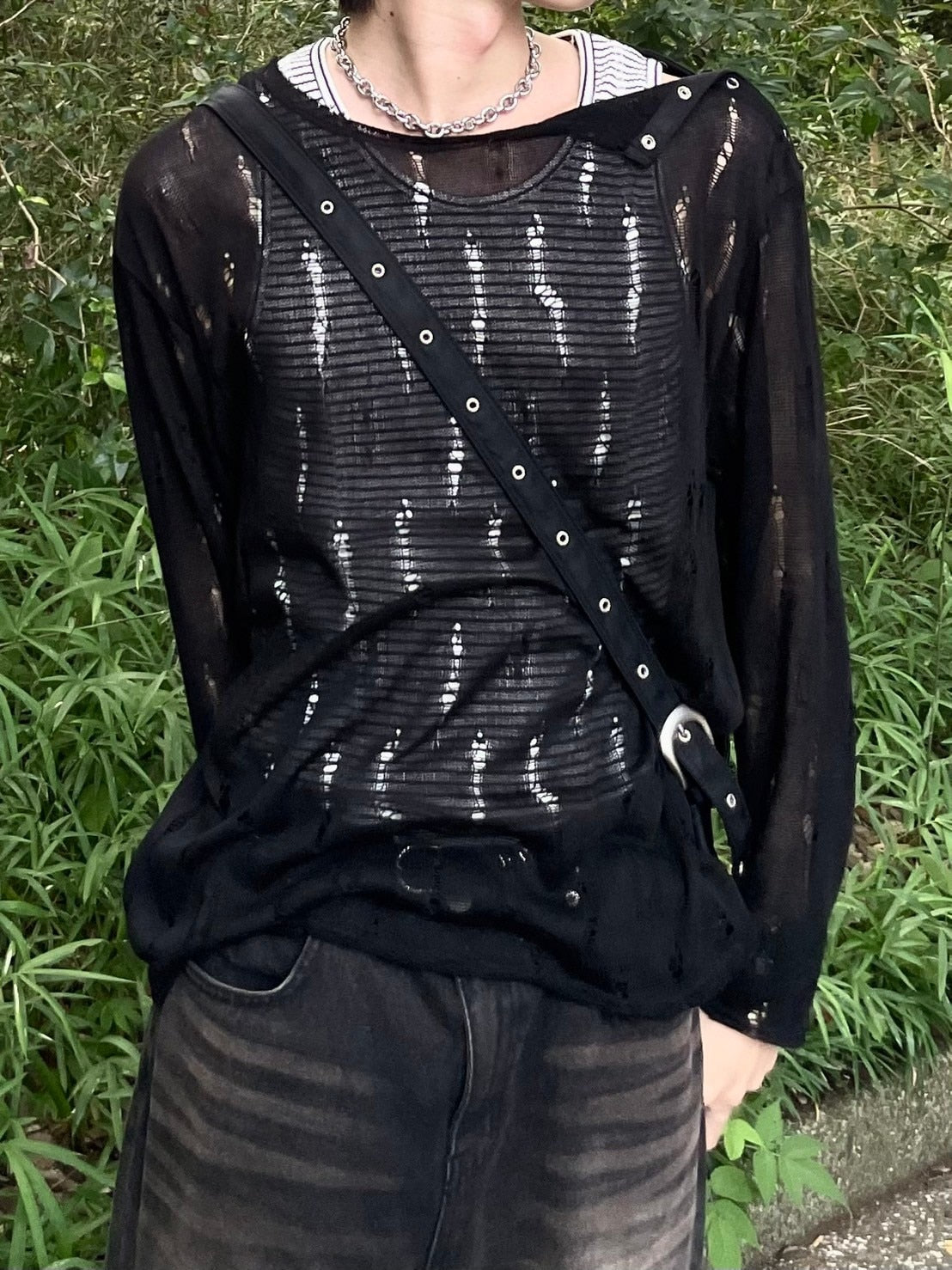 受注制【Chikashitsu +】shoulder button damage summer knit (3color)