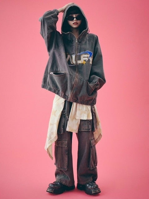 【GALFY】ダーティーデニムワイドカーゴ