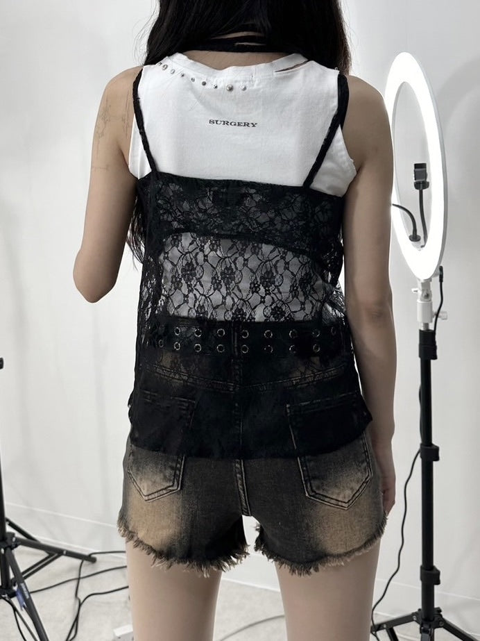 受注制【Never mind the XU】tie scarf lace tops (2color)