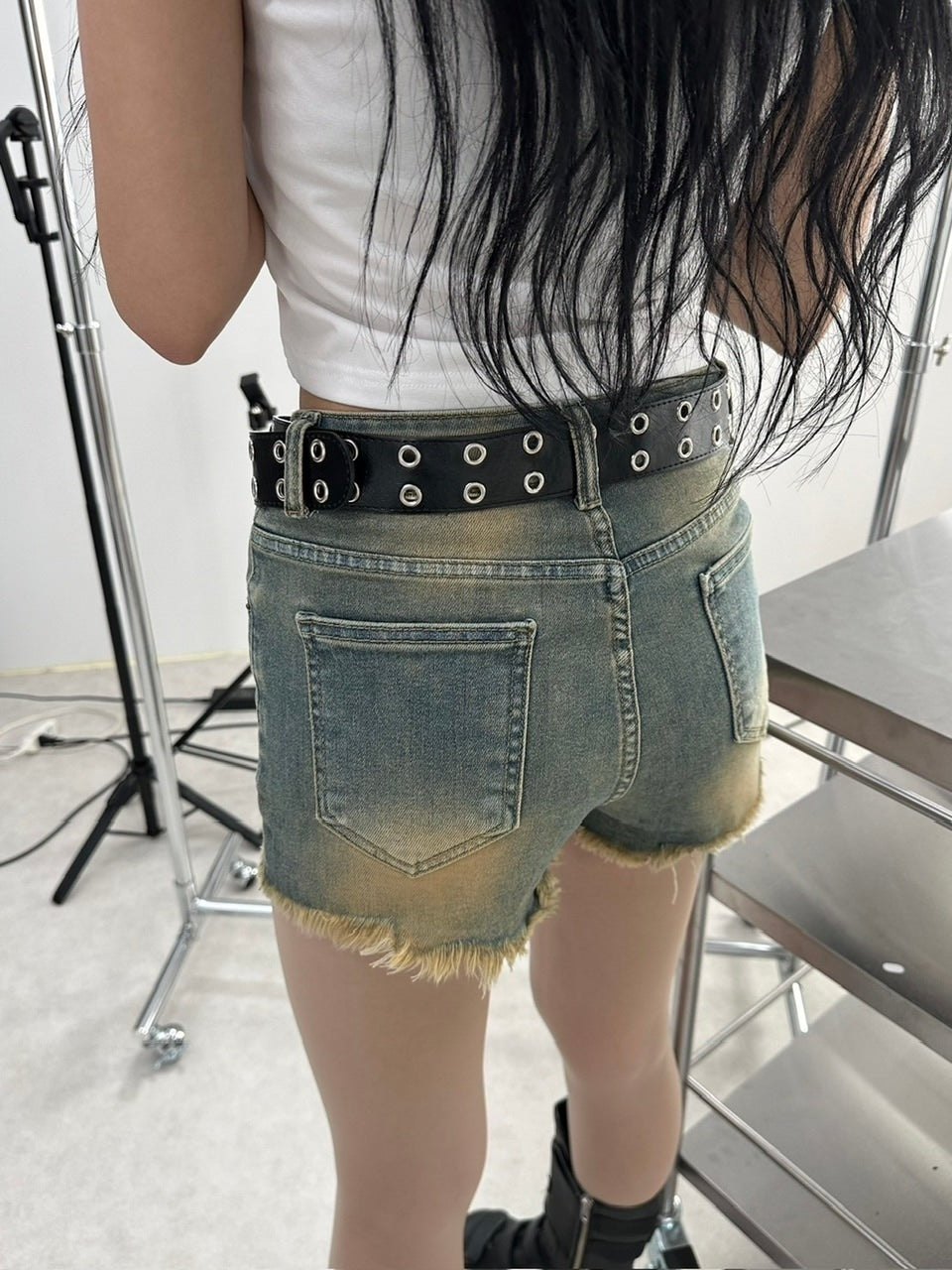 受注制【Never mind the XU】vintage wash denim short pants (2color)