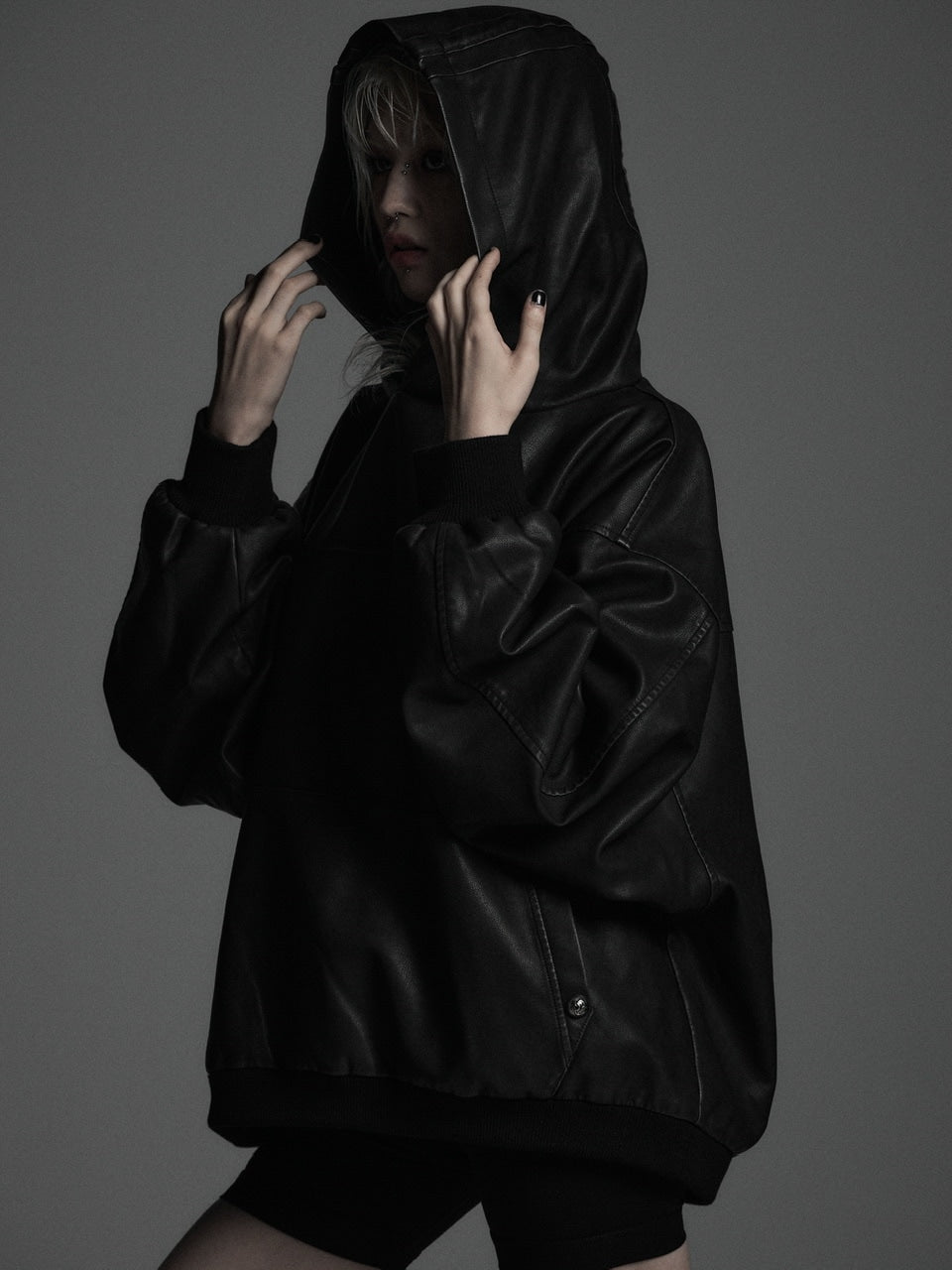 【Rosen Kreuz】VINTAGE LEATHER SHIRRING HOODIE
