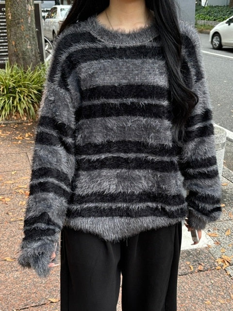 受注制【Chikashitsu +】hairy border knit (3color) / 【チカシツプラス】ヘイリーボーダーニット