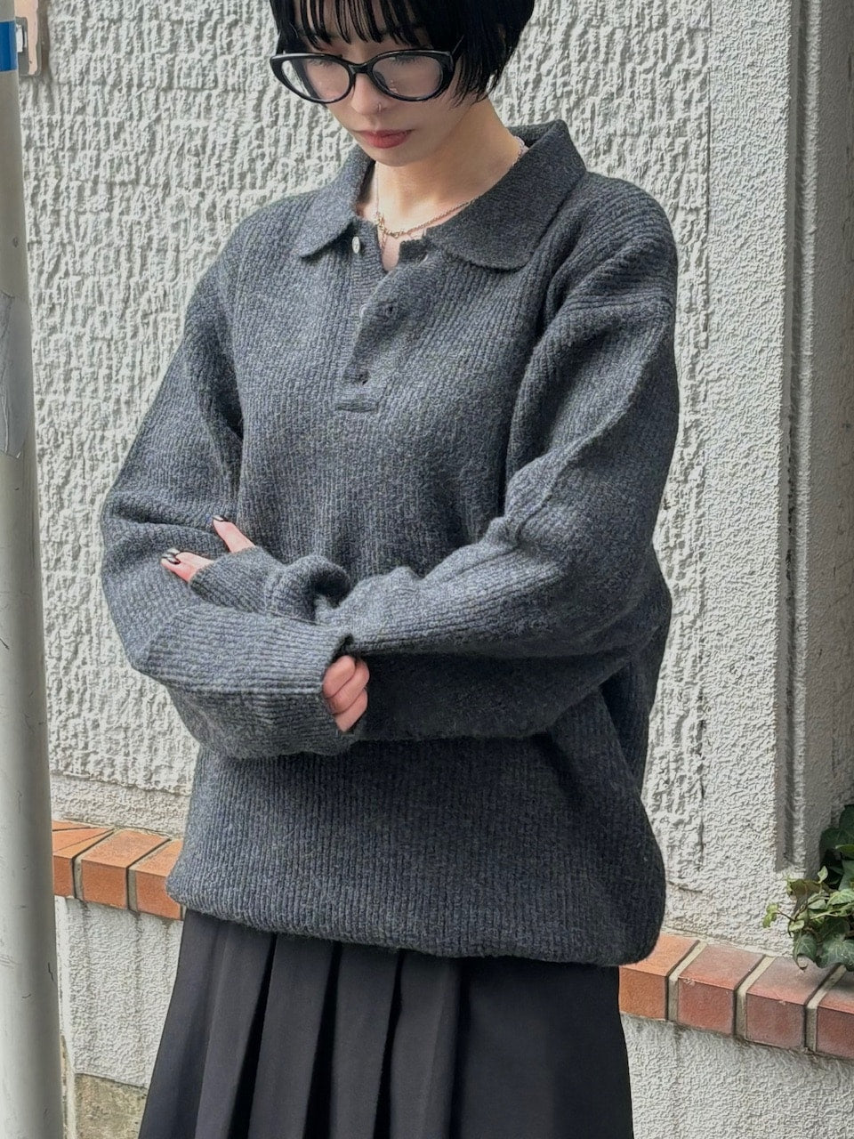 受注制【Chikashitsu +】wool touch lib knit polo (4color) / 【チカシツプラス】ウールタッチリブ長袖ニット