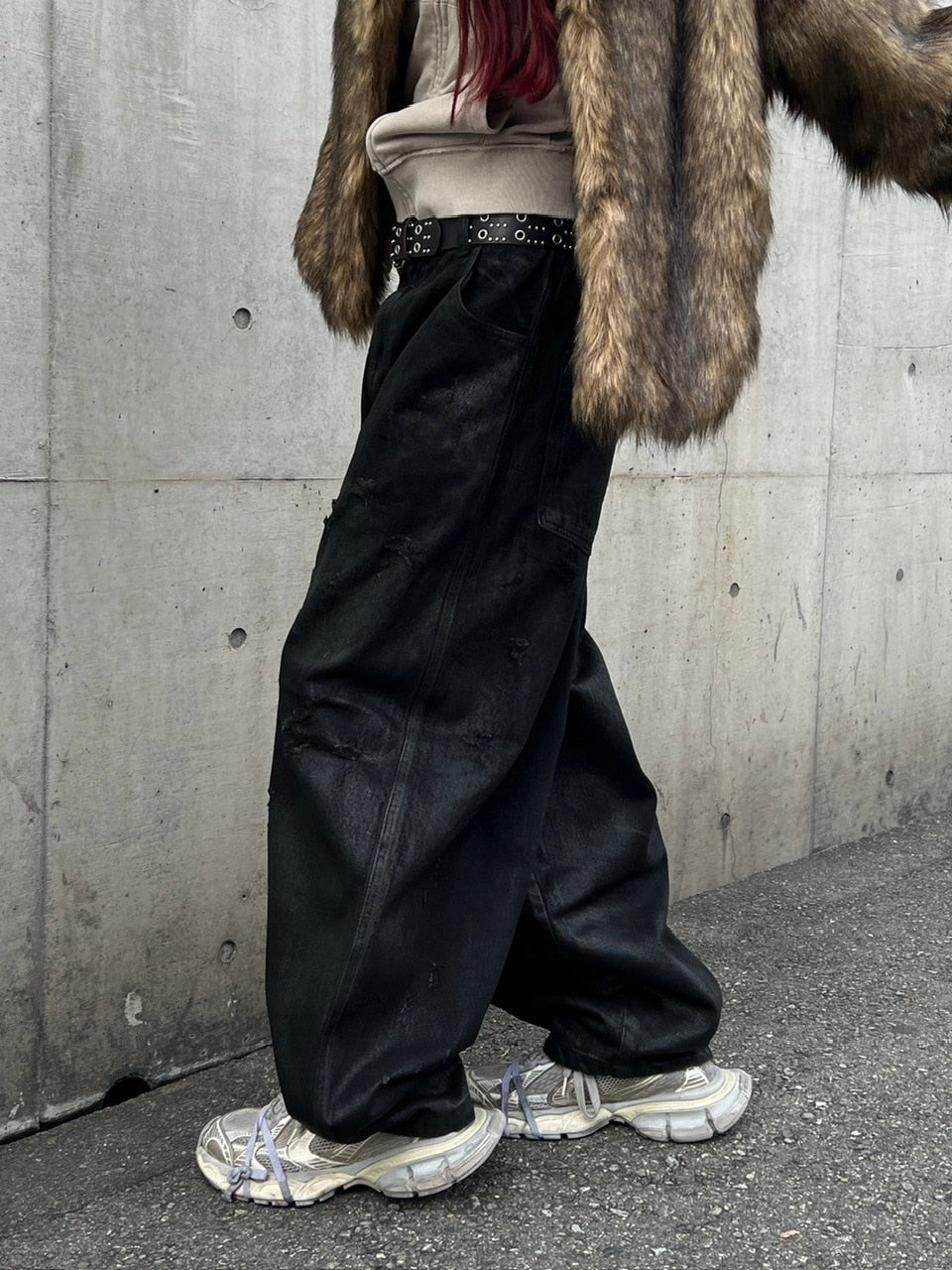 受注制【Chikashitsu +】coating damage wide denim pants / 【チカシツプラス】コーティングダメージワイドデニムパンツ