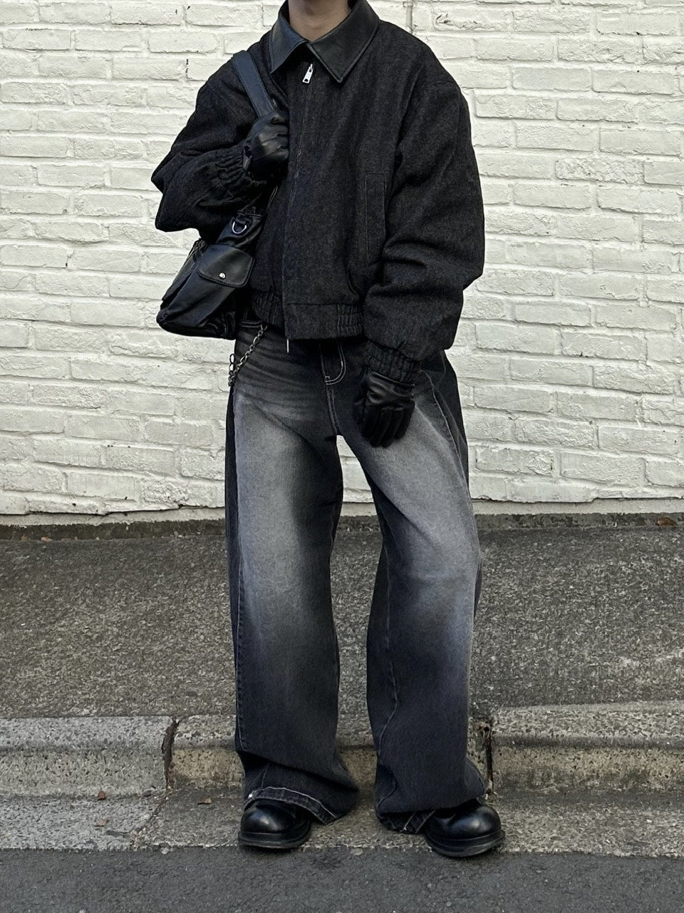 大阪店WEB限定【Chikashitsu +】cropped leather collar denim jacket