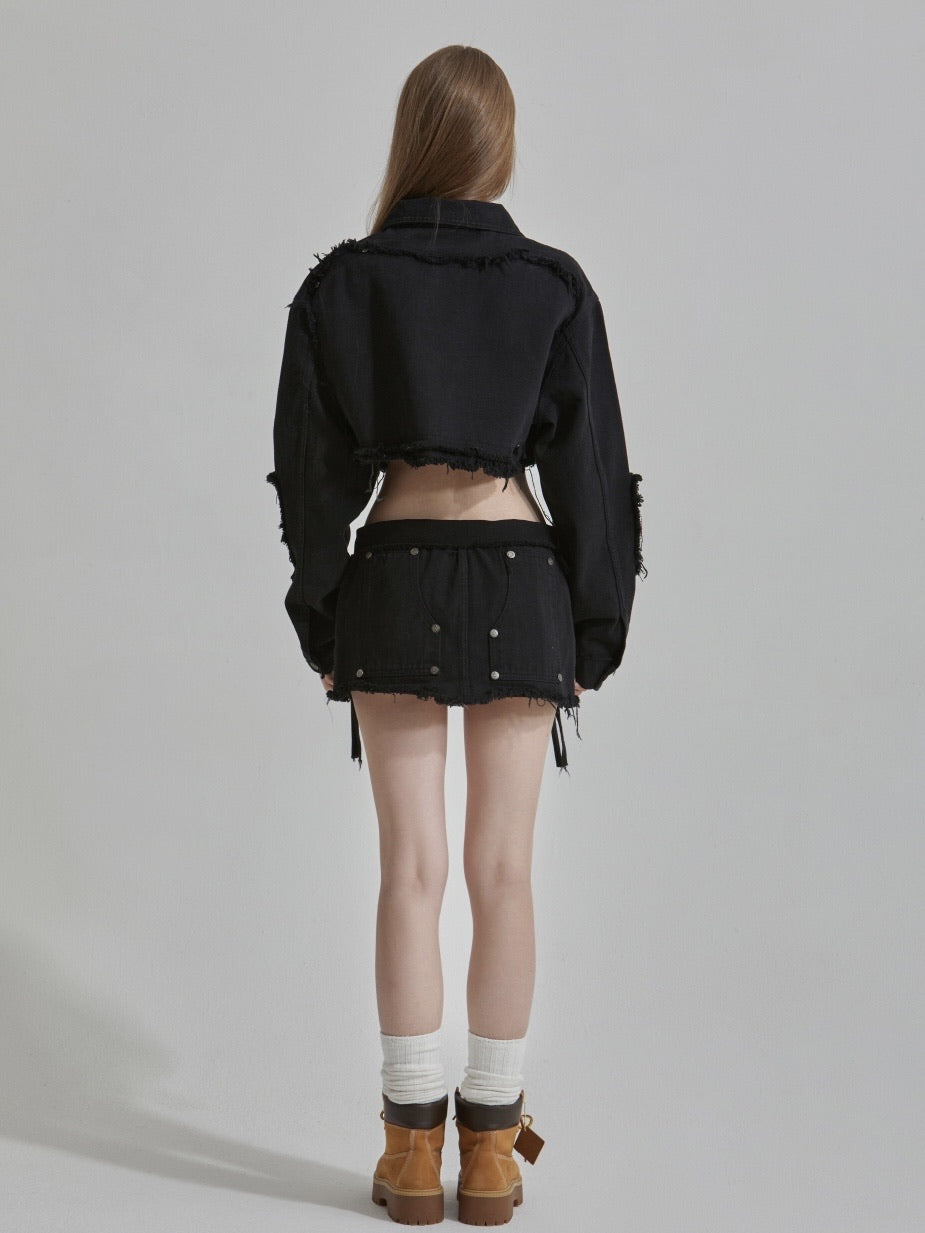 【GATELESS】RIVET FRINGE DENIM MINI SKIRT
