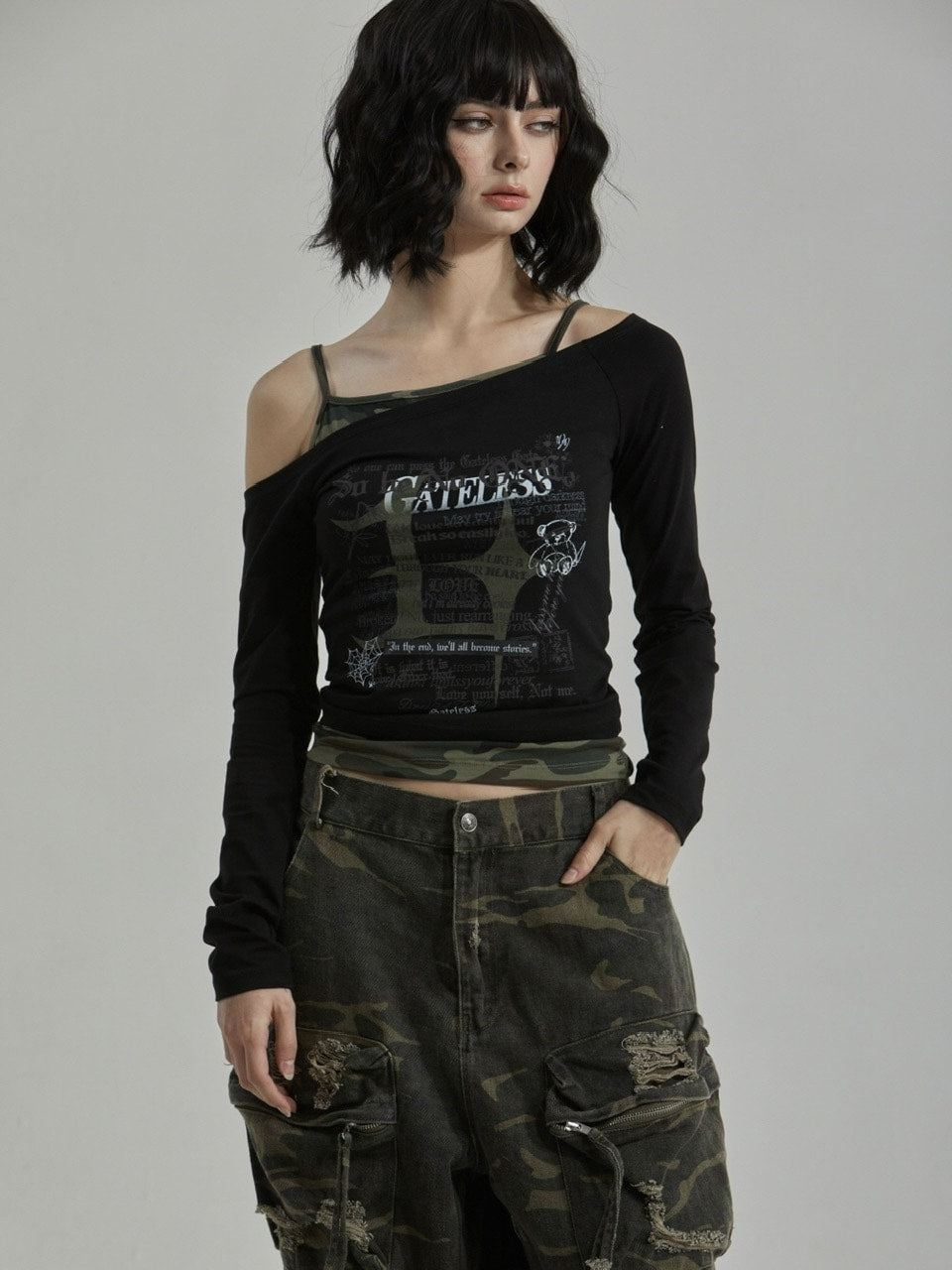 【GATELESS】CAMOUFLAGE LAYERED ONE SHOULDER T-SHIRT