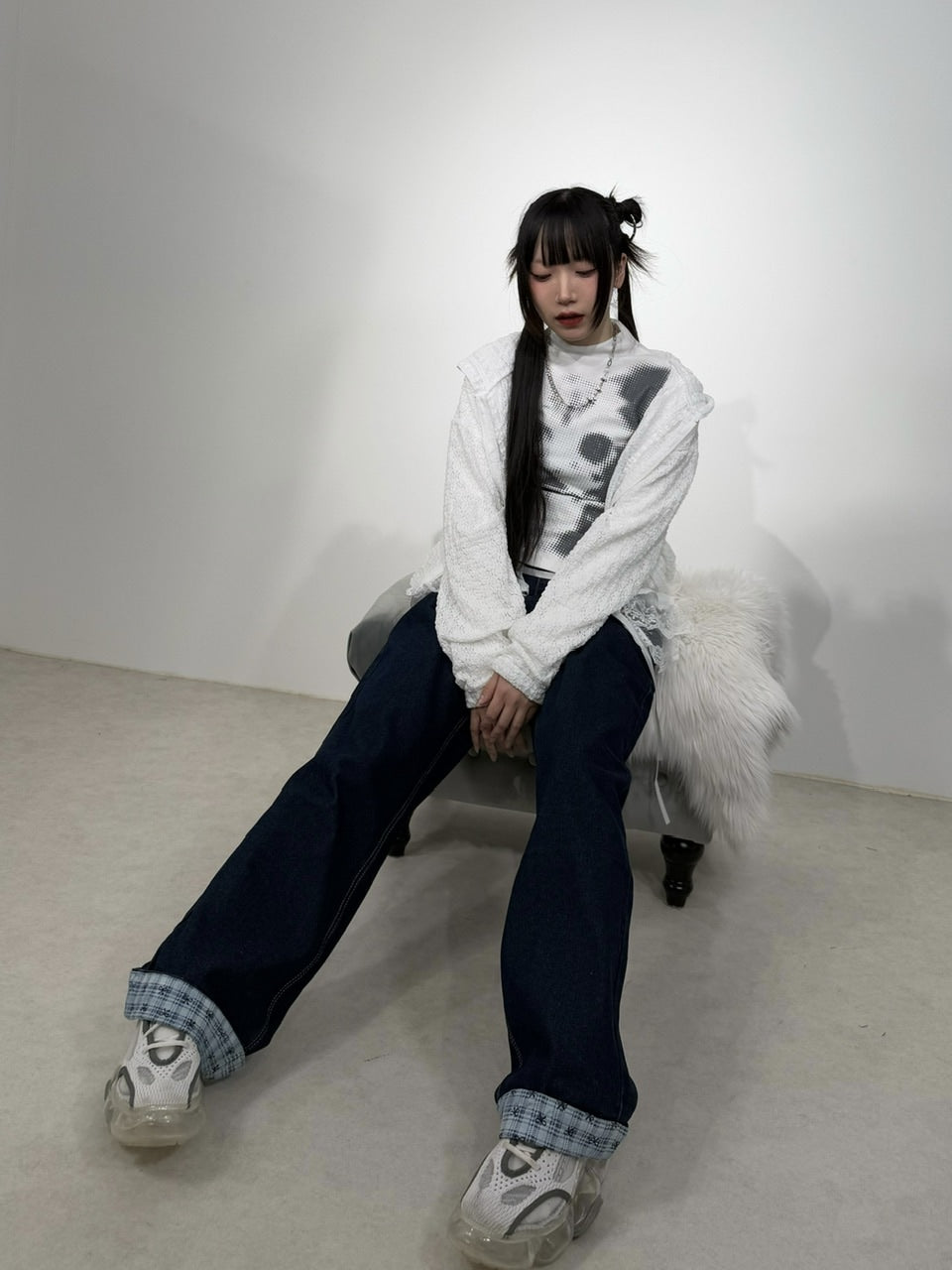 国際配送【Nerd out XU】design check wide denim pants