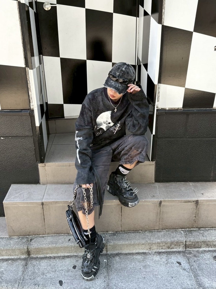 【Never mind the XU】camouflage damage half pants (2color) / 【ネバーマインドザエックスユー】カモフラージュダメージデニムハーフパンツ